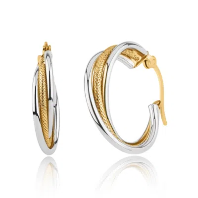 Max + Stone Solid 10k Yellow And White Gold Two Tone 20mm Trio Knurled Wire Hoop Earrings