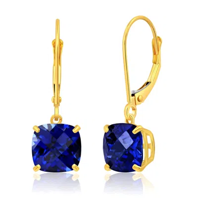 Max + Stone Solid 10k Yellow Or White Gold 8mm Cushion Cut Dangle Gemstone Earrings In Blue