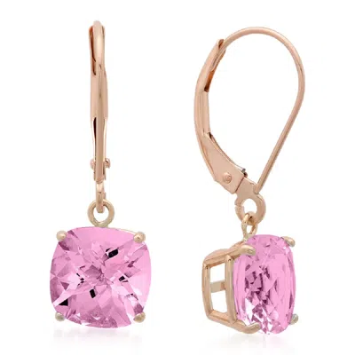 Max + Stone Solid 10k Yellow Or White Gold 8mm Cushion Cut Dangle Gemstone Earrings In Pink