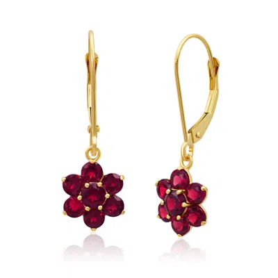 Max + Stone Solid 14k Yellow Or White Gold Gemstone Flower Shape Dangle Earrings In Red
