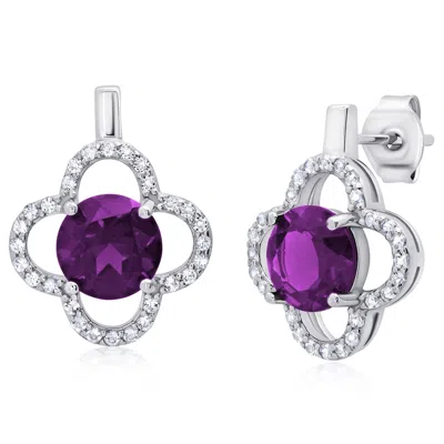 Max + Stone Sterling Silver Clover Gemstone Stud Earrings With With White Topaz Accent In Metallic