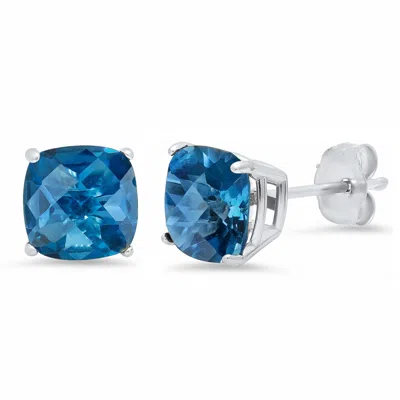 Max + Stone Sterling Silver Or Gold 8mm Cushion Cut Gemstone Birthstone Stud Earrings In Blue