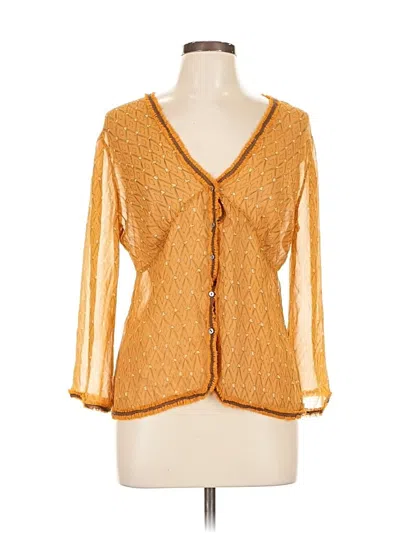 Pre-owned Max Studio 3/4 Sleeve Silk Top Gold Jacquard Pattern V-neck Tops