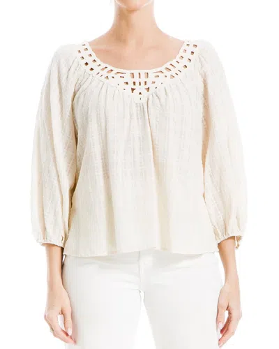 Max Studio 3/4-bubble Sleeve Crochet Neck Top In Neutral