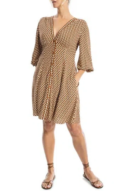Max Studio Balloon Sleeve Button Front Dress In Brown