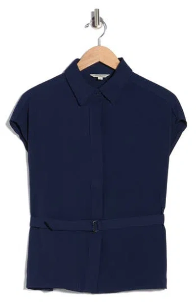 Max Studio Belted Cap Sleeve Button-up Shirt In Blue