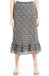 Max Studio Bias Ruffle Hem Midi Skirt In Black/cream Qlting Grid