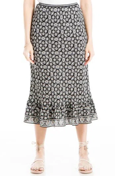 Max Studio Bias Ruffle Hem Midi Skirt In Black/cream Qlting Grid