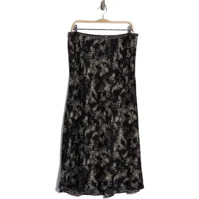Max Studio Bias Satin Midi Skirt In Black Cream Waving Paisley