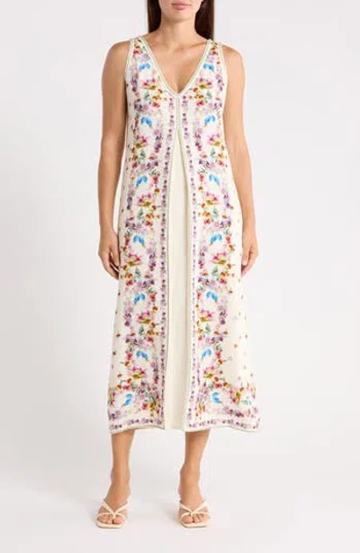 Max Studio Border Print Sleeveless Maxi Dress In Cmprblbd-cream/purple Blossom Bend