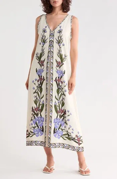 Max Studio Border Print Sleeveless Maxi Dress In Ecru/ Periwinkle