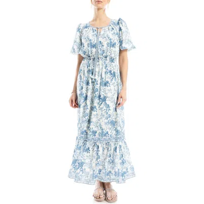 Max Studio Bubble Sleeve Tiered Maxi Dress In Cream/blue Bird Toile