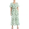 Max Studio Bubble Sleeve Tiered Maxi Dress In Cream/green Bird Toile