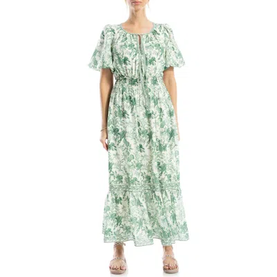 Max Studio Bubble Sleeve Tiered Maxi Dress In Cream/green Bird Toile