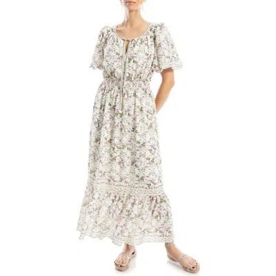 Max Studio Bubble Sleeve Tiered Maxi Dress In Cream/pink Blm Interlace