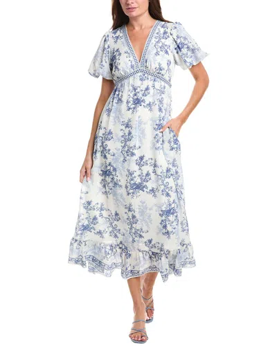 Max Studio Bubble Sleeve V-neck Empire Waist Midi Dress In White