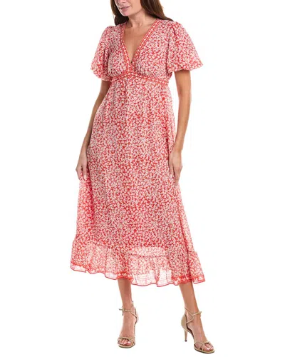 Max Studio Bubble Sleeve V-neck Empire Waist Midi Dress In Red