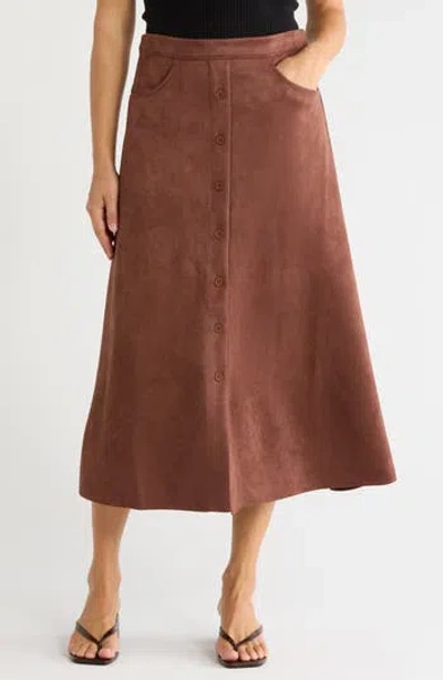 Max Studio Button Front Faux Suede Maxi Skirt In Auburn