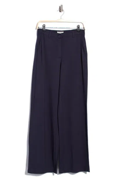 Max Studio Button Front Wide Leg Trousers In Dark Navy