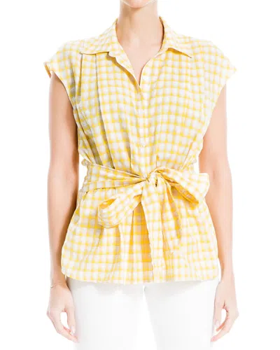 Max Studio Cap Sleeve Button Front Tie Collar Shirt In Yellow