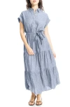 Max Studio Cap Sleeve Maxi Shirtdress In Navy/white Pin Stripe