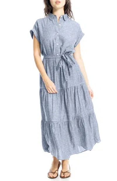 Max Studio Cap Sleeve Maxi Shirtdress In Navy/white Pin Stripe