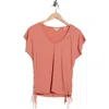Max Studio Cap Sleeve Ruched Crinkled Knit Top In Brown
