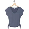 Max Studio Cap Sleeve Ruched Crinkled Knit Top In Gray