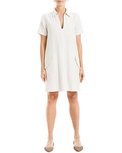 Max Studio Collar V-neck Linen-blend Short Dress In White