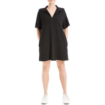 Max Studio Collared Contrast Stitch Shift Dress In Black