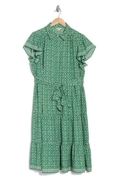 Max Studio Collared Midi Dress In Green/cream Ornate Elegance