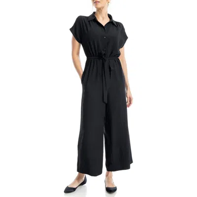 Max Studio Collared Short Sleeve Tie Waist Jumpsuit In Black