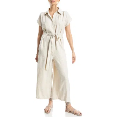 Max Studio Collared Short Sleeve Tie Waist Jumpsuit In White