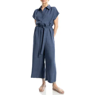 Max Studio Collared Short Sleeve Tie Waist Jumpsuit In Blue