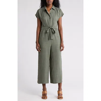 Max Studio Collared Short Sleeve Tie Waist Jumpsuit In Green