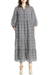 Max Studio Crepe Tiered Maxi Dress In Black/khaki Lattice
