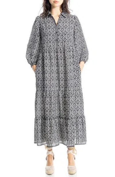 Max Studio Crepe Tiered Maxi Dress In Black/khaki Lattice