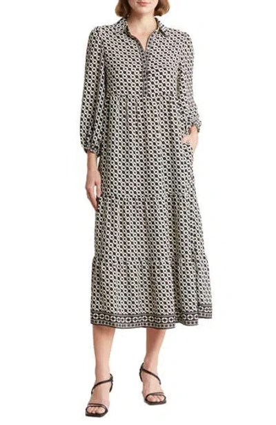 Max Studio Crepe Tiered Maxi Dress In Blk/ivry Dgnl Strp Trgt