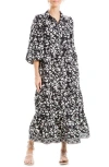 Max Studio Crepe Tiered Maxi Dress In Cream/black Poppy Ink Blot