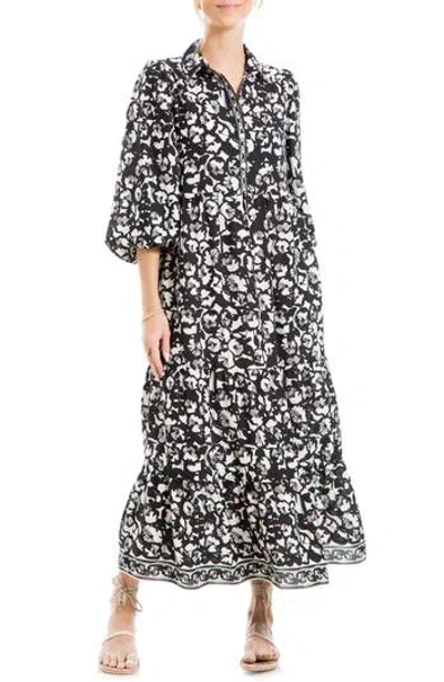 Max Studio Crepe Tiered Maxi Dress In Cream/black Poppy Ink Blot