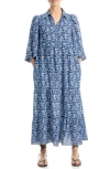 Max Studio Crepe Tiered Maxi Dress In Navy Vintage Stencil
