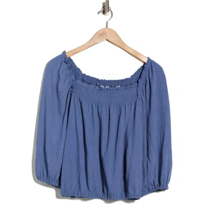 Max Studio Crinkled Balloon Sleeve Bubble Hem Top In Blue