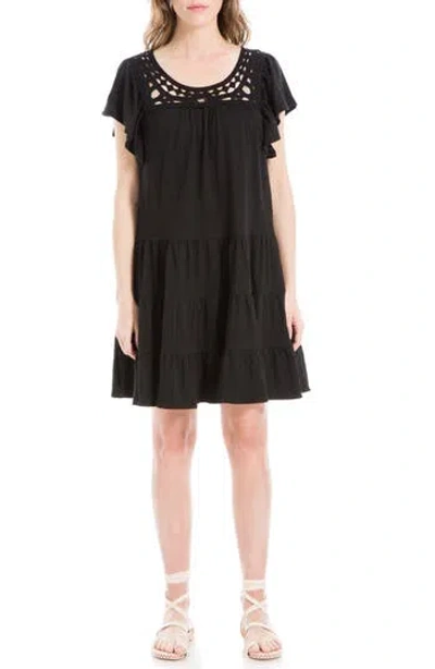 Max Studio Crochet Trim Tiered Minidress In Black-black