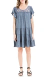 Max Studio Crochet Trim Tiered Minidress In Denim-denim