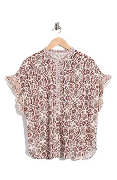 Max Studio Dolman Short Sleeve Top In Cream/ Navy/ Rust Garden
