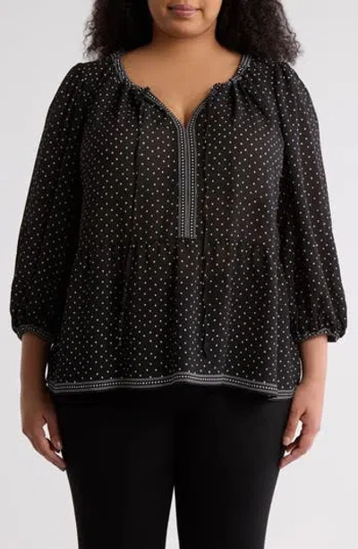 Max Studio Dot Print Tie Keyhole Long Sleeve Top In Black