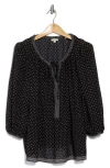Max Studio Dot Print Tie Keyhole Long Sleeve Top In Black/ivory Dot