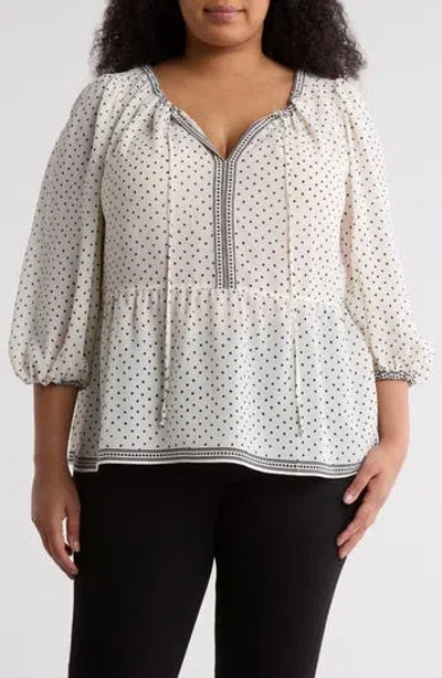 Max Studio Dot Print Tie Keyhole Long Sleeve Top In White