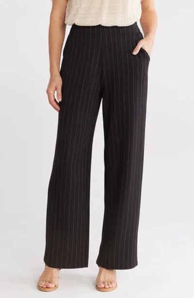 Max Studio Double Knit Wide Leg Pants In Black Pinstripe
