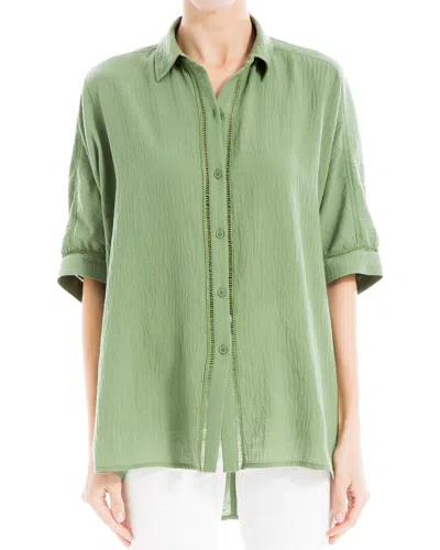 Max Studio Elbow Sleeve Button Front Shirt In Green